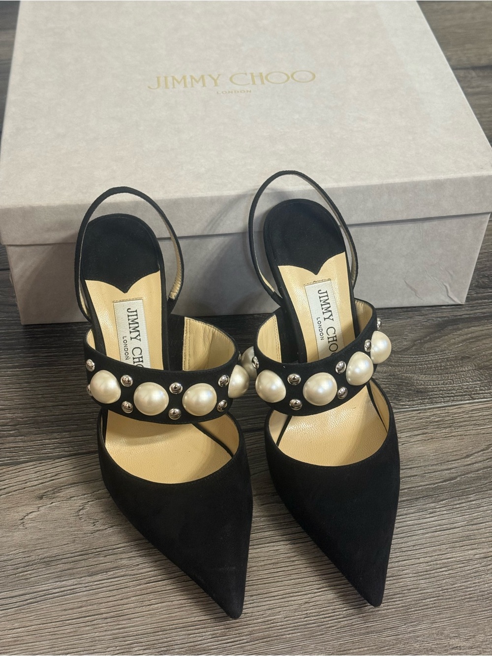 Jimmy Choo Black Pearl-Embellished Pointed Toe Slingback Heels - SZ 37.5